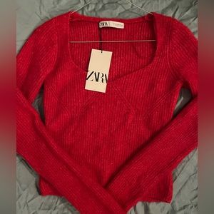 Zara red knit sweetheart neck sweater